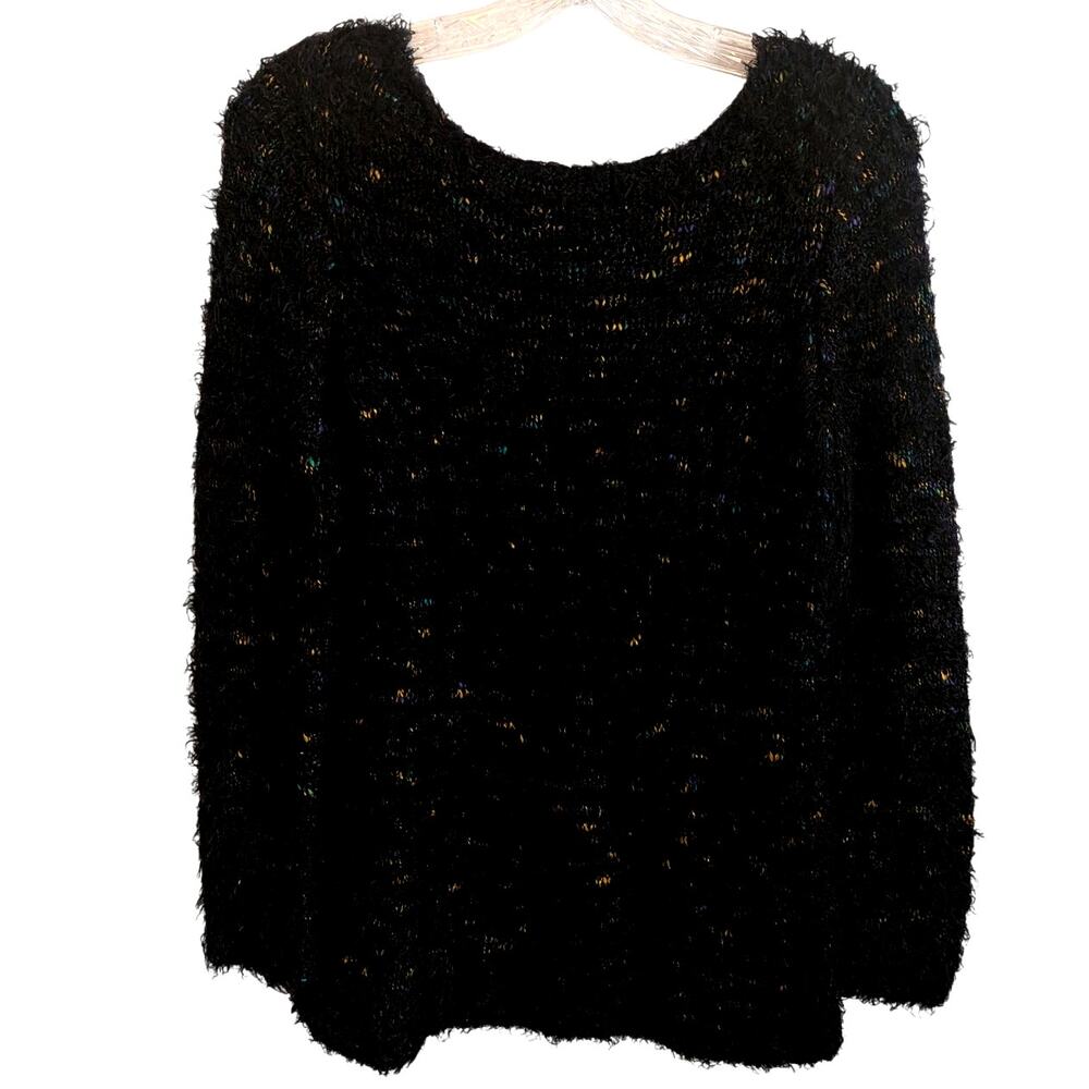 NY Collection Womens Medium Open Knit Speckled Black Long Sleeve Sweater Y2K